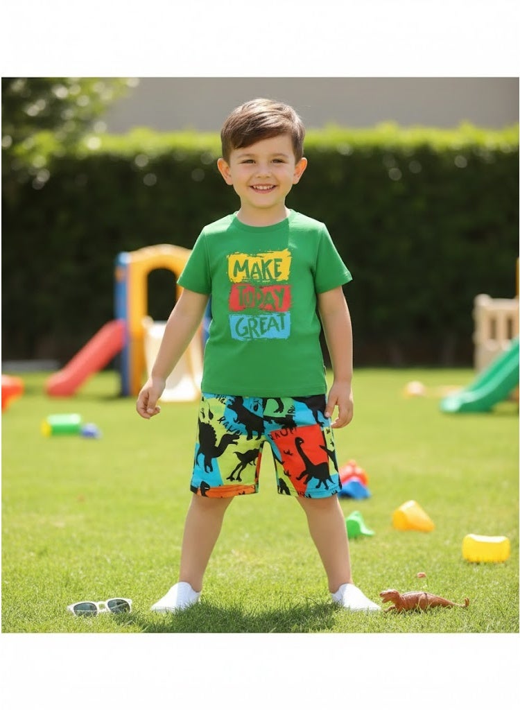 ديناصورز طقم صيفي أولادي قطعتين للأطفال، تيشيرت قطن نص كم بطباعة حروف وديناصور مع شورت، ملابس مريحة وناعمة للأطفال من عمر 1 إلى 4 سنوات، مناسب للاستخدام اليومي والخروجات - Image 2